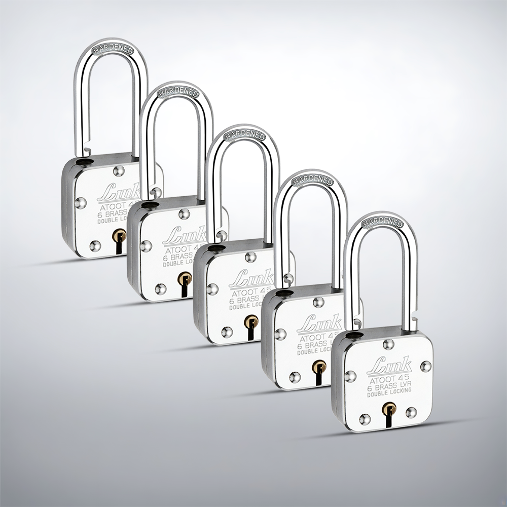 Link Atoot 45MM Long Shackle Padlocks 5Pcs Set | Steel Body | Hardened Shackle | 6 Brass Levers | Made in India | 3 Keys for Each Padlock