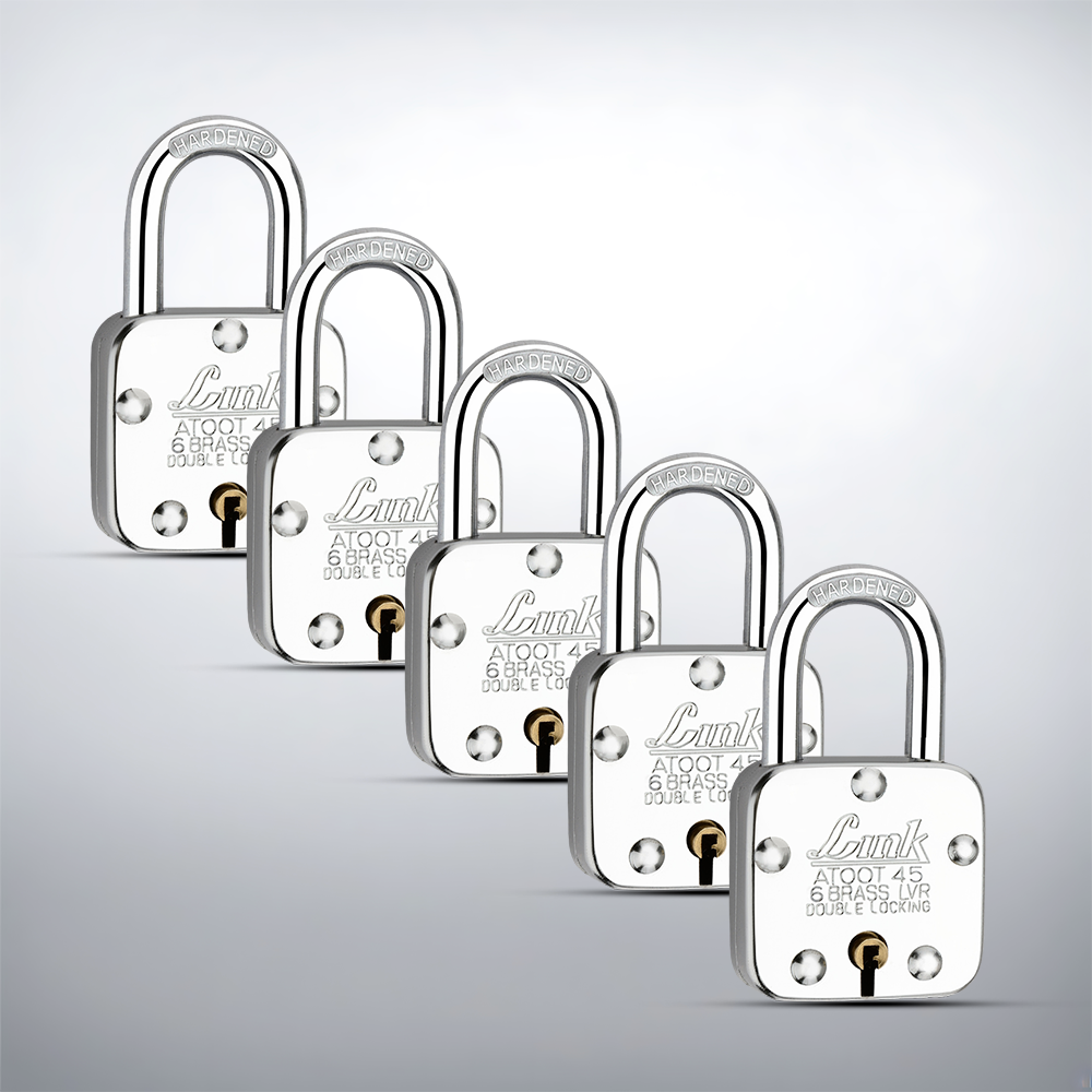 Link Atoot 45MM Padlocks 5Pcs Set | Double Locking | Steel Body | Hardened Shackle | 6 Brass Levers | Made in India | 3 Keys for Each Padlock