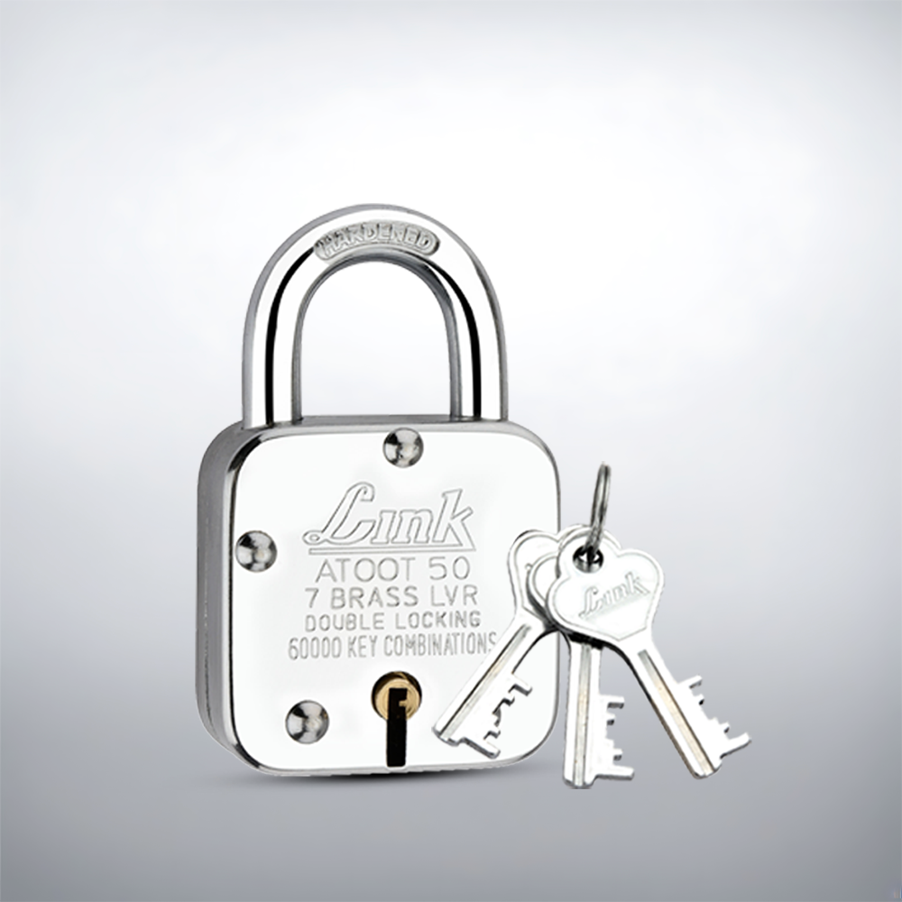 Link Atoot 50MM| 60,000 Key Combinations | Steel Body | Hardened Shackle | 7 Brass Lever | Made in India |1 Padlock 3 Silver Keys