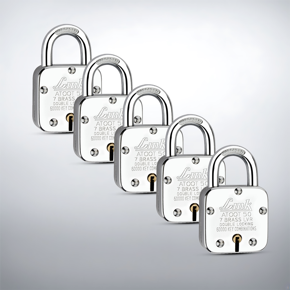 Link Atoot 50MM Padlocks 5Pcs Set | 60,000 Key Combinations | Steel Body | Hardened Shackle | 7 Brass Lever | Made in India | 3 Keys for Each Padlock