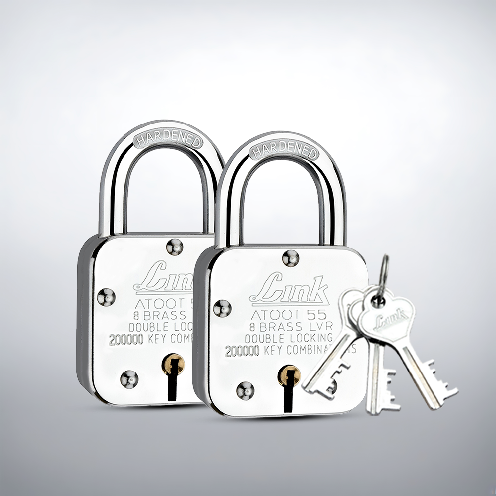 Link Atoot 55MM Lock | 2 Lakhs Key Combinations | Steel Body | Hardened Shackle | 8 Brass Levers | Made in India |Each Padlock with 3 Silver Keys and Free Key Chain (Pack of 2)