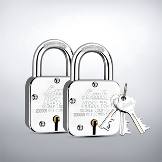  Link Atoot 55MM Lock | 2 Lakhs Key Combinations | Steel Body | Hardened Shackle | 8 Brass Levers | Made in India |Each Padlock with 3 Silver Keys and Free Key Chain (Pack of 2) 