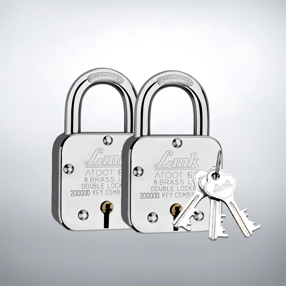 Link Atoot 60MM | 2 Lakh Key Combinatiosn | Steel Body | Hardened Shackle | 8 Brass Levers | Made in India | Each Padlock with 3 Silver Keys and Free Key Chain (Pack of 2)