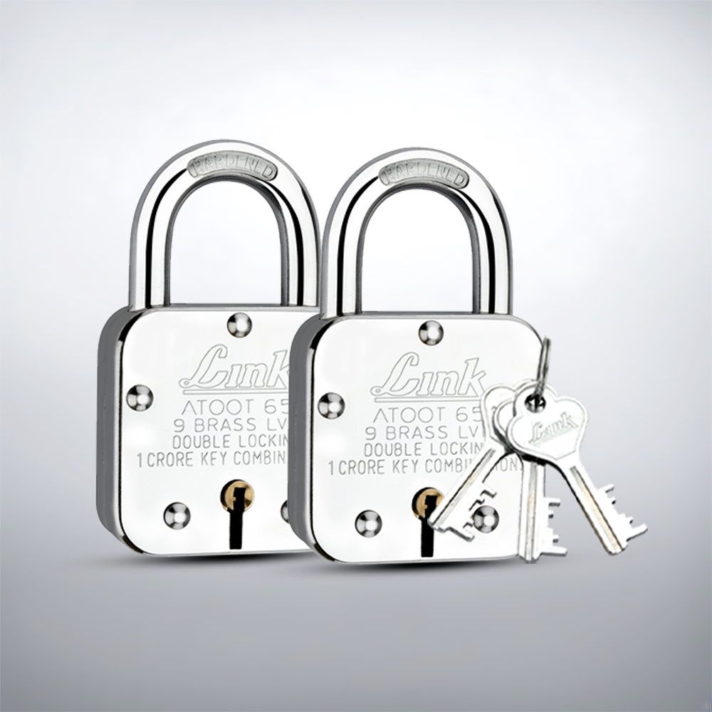 Link Atoot 65MM Padlock | 9 Brass Lever | Double Locking Pad Lock (Silver) | Pack of 2