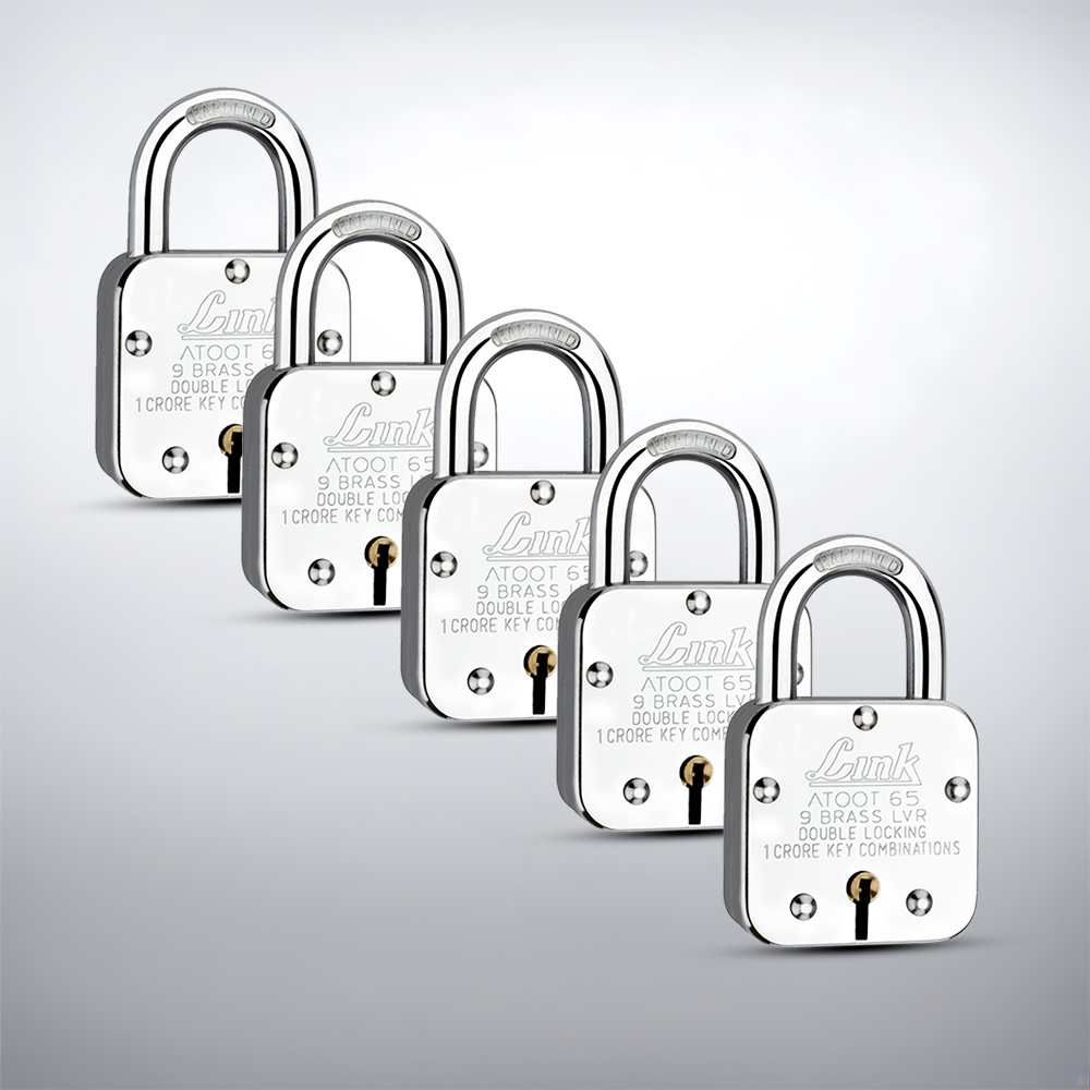 Link Atoot 65MM Padlocks 5Pcs Set | 1 Crore Key Combinations | Steel Body | Hardened Shackle | 9 Brass Lever | Made in India | 3 Keys for Each Padlock