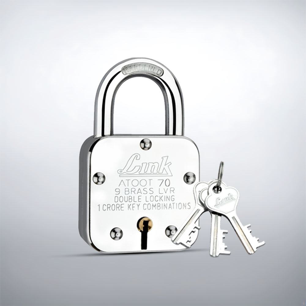Link Atoot 70MM Lock | 1 Crore Key Combinations | Stainless Steel Body | Hardened Shackle | 9 Brass Lever | Made in India | 1 Padlock 3 Silver Keys