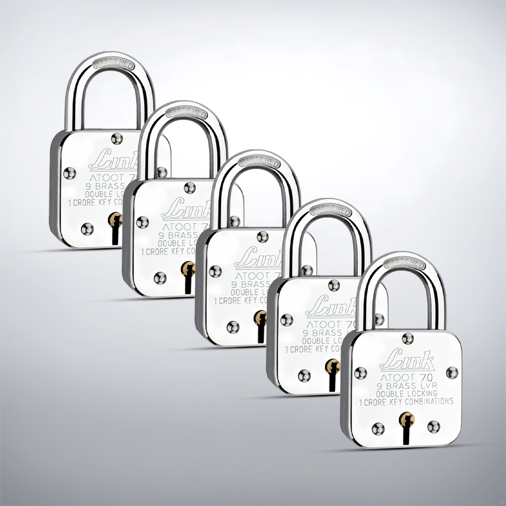 Link Atoot 70MM Padlocks 5Pcs Set | 1 Crore Key Combinations | Stainless Steel Body | Hardened Shackle | 9 Brass Lever | Made in India | 3 Keys for Each Padlock