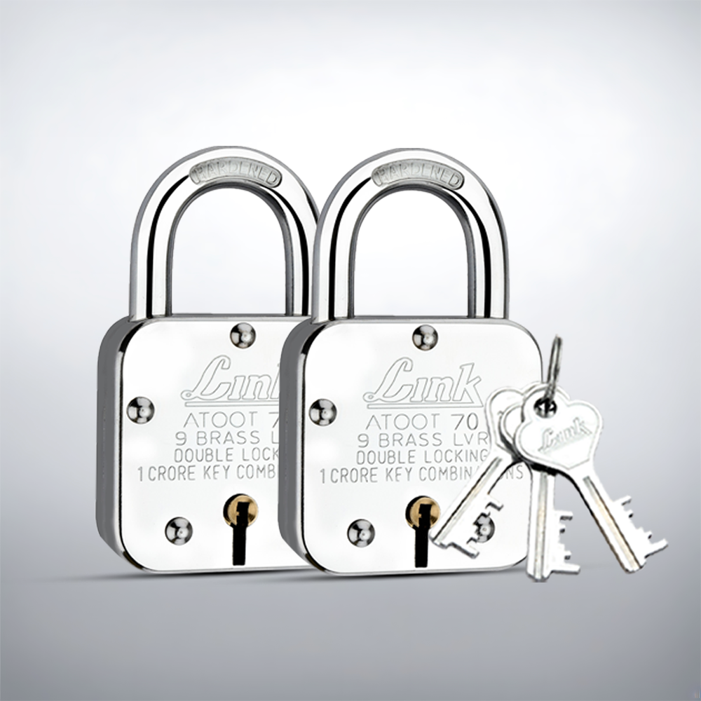 Link Atoot 70MM | 1 Crore Key Combinations | Steel Body | Hardened Shackle | 9 Brass Lever | Made in India | Each Padlock with 3 Silver Keys and Free Key Chain (Pack of 2)