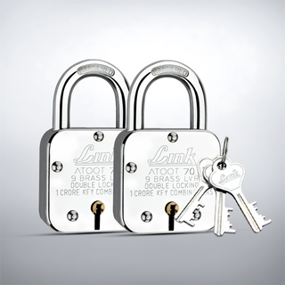  Link Atoot 70MM | 1 Crore Key Combinations | Steel Body | Hardened Shackle | 9 Brass Lever | Made in India | Each Padlock with 3 Silver Keys and Free Key Chain (Pack of 2) 