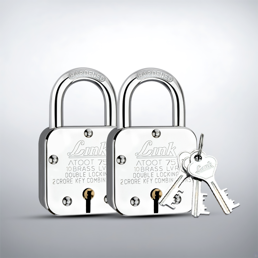 Link Atoot 75MM Lock Pack of 2 | 2 Crore Key Combinations | Stainless Steel Body | Hardened Shackle | 10 Brass Lever | Made in India | Each Padlock with 3 Silver Key