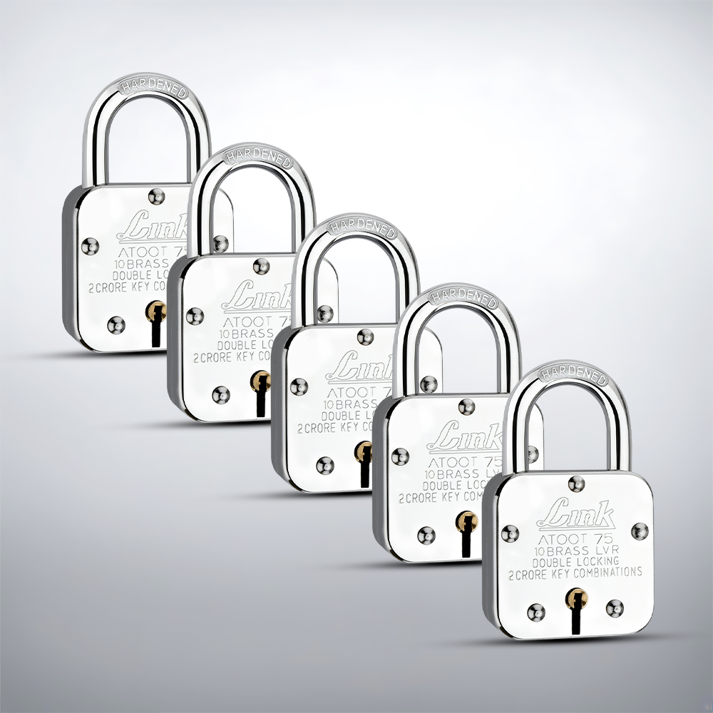 Link Atoot 75MM Padlocks 5Pcs Set | 2 Crore Key Combinations | Stainless Steel Body | Hardened Shackle | 10 Brass Lever | Made in India | 3 Keys for Each Padlock