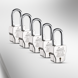 Link Atoot Extra 70MM Padlocks 5Pcs Set | 1 Crore Key Combinations | Stainless Steel Body | Hardened Shackle | 9 Brass Levers | Made in India | 3 Silver Keys with Keychain | 3 Keys for Each Padlock