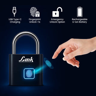 Link Smart BIO-Mini Fingerprint Padlock With 20 Fingerprint Storage, 3 Years Warranty, Emergency unlock method, Suitable For Bags, Suitcase, Bike, Garage Door, Cabinet, Warehouse Doors and Shutters, Black