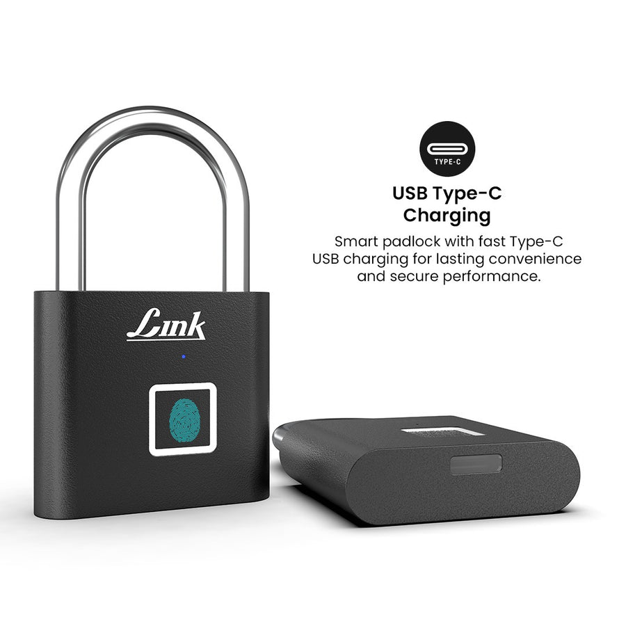 Link Smart BIO-Mini Fingerprint Padlock With 20 Fingerprint Storage, 3 Years Warranty, Emergency unlock method, Suitable For Bags, Suitcase, Bike, Garage Door, Cabinet, Warehouse Doors and Shutters, Black