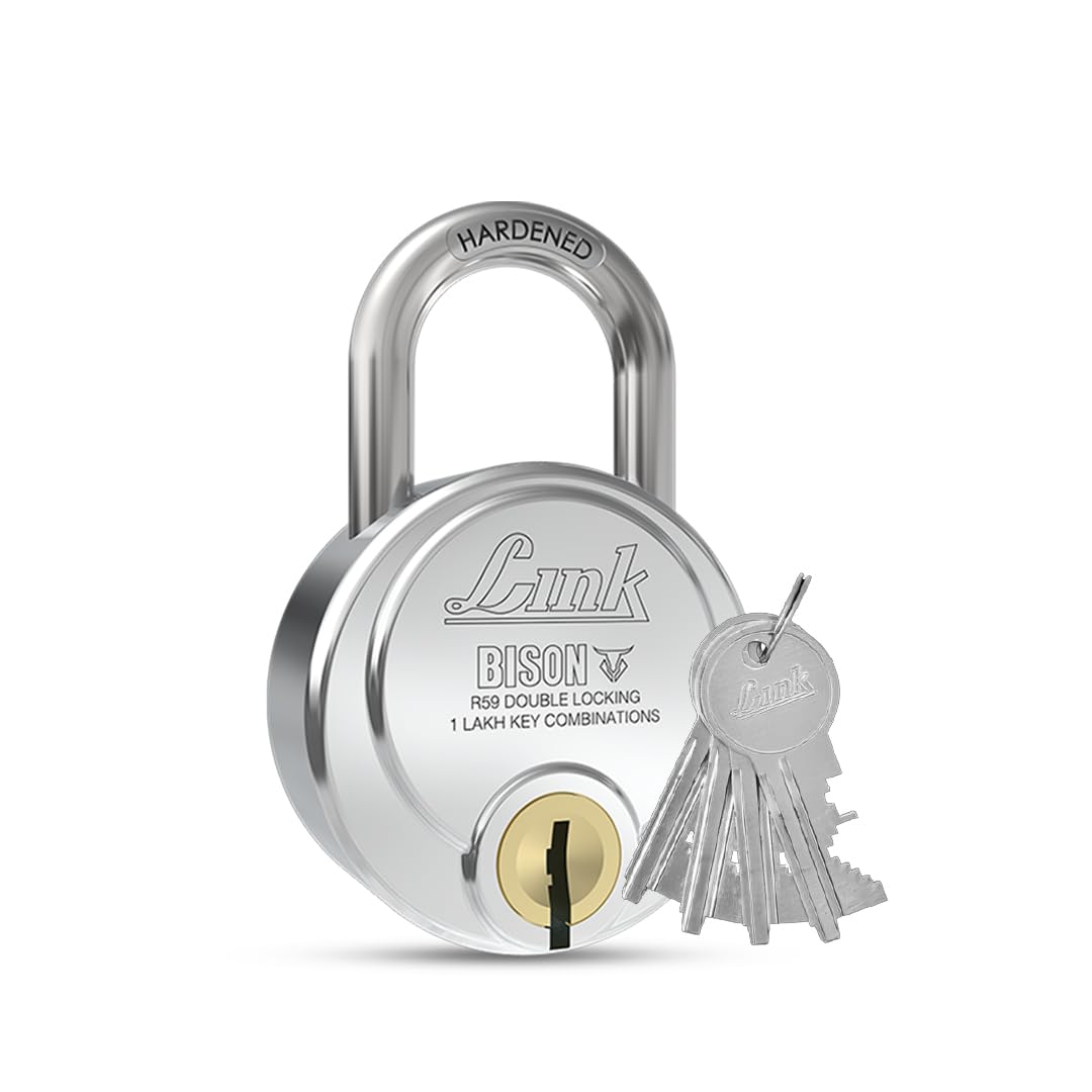Link Bison 59mm Heavy Duty Padlock | Lock for Home Door, Office, Shop, Travel | Tough CR Body | Hardened Steel Shackle, | Double Locking System | High Precision 4 Keys | 1 Lakh Key Combinations