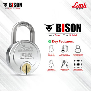 Link Bison 59mm Heavy Duty Padlock | Lock for Home Door, Office, Shop, Travel | Tough CR Body | Hardened Steel Shackle, | Double Locking System | High Precision 4 Keys | 1 Lakh Key Combinations