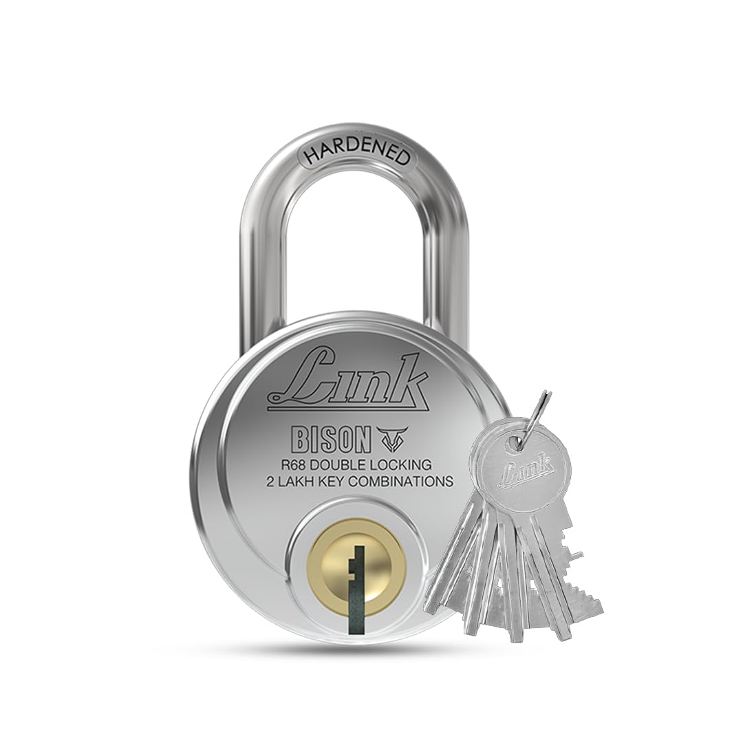 Link Bison 68mm Heavy Duty Padlock | Lock for Home Door, Office, Shop, Travel | Tough CR Body | Hardened Steel Shackle, | Double Locking System | High Precision 4 Keys | 2 Lakh Key Combinations