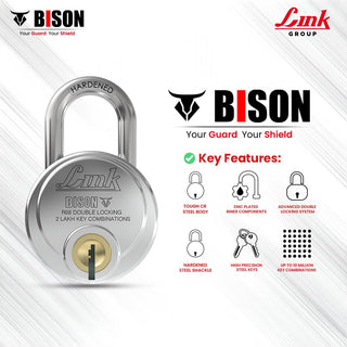 Link Bison 68mm Heavy Duty Padlock | Lock for Home Door, Office, Shop, Travel | Tough CR Body | Hardened Steel Shackle, | Double Locking System | High Precision 4 Keys | 2 Lakh Key Combinations