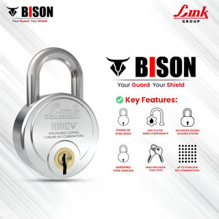 Link Bison 79mm Heavy Duty Padlock | Lock for Home Door, Office, Shop, Travel | Tough CR Body | Hardened Steel Shackle, | Double Locking System | High Precision 4 Keys | 10 Million Key Combinations