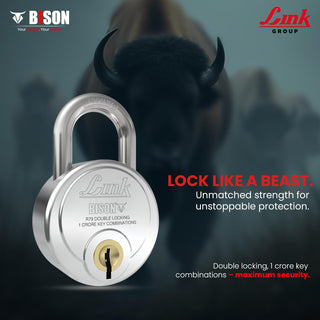 Link Bison 79mm Heavy Duty Padlock | Lock for Home Door, Office, Shop, Travel | Tough CR Body | Hardened Steel Shackle, | Double Locking System | High Precision 4 Keys | 10 Million Key Combinations