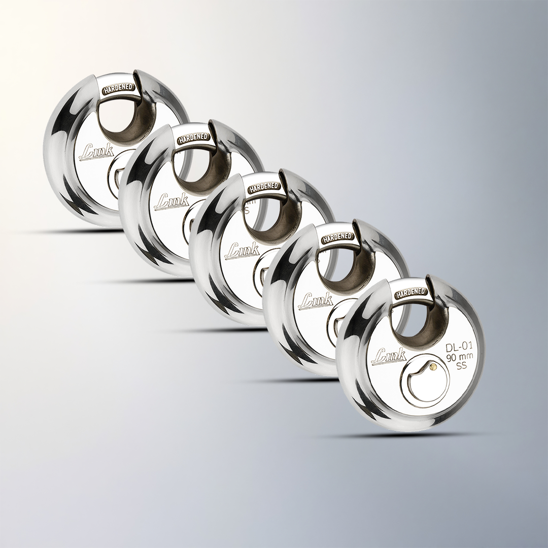 Link Disc Lock 90MM Padlocks 5Pcs-Set | Stainless Steel Body | Hardened Shackle | 3 Silver Keys with Hi-Tech Nickle | Made in India | 3Keys for Each Padlock