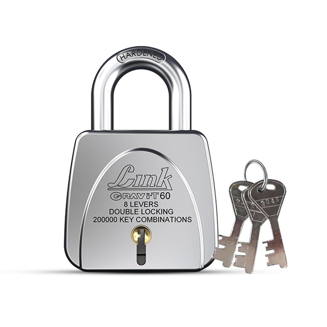 Link Gravi-T 60mm Heavy Duty Padlock | Lock for Home Door, Office, Shop, Travel | Tough CR Body | 8 Levers | Hardened Steel Shackle | Double Locking System | 3 Silver Keys | 2 Lakh Key Combinations