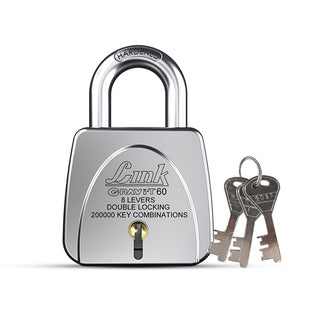 Link Gravi-T 60mm Heavy Duty Padlock | Lock for Home Door, Office, Shop, Travel | Tough CR Body | 8 Levers | Hardened Steel Shackle | Double Locking System | 3 Silver Keys | 2 Lakh Key Combinations