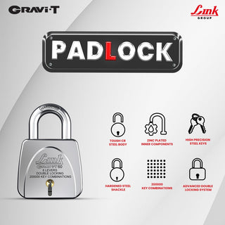 Link Gravi-T 60mm Heavy Duty Padlock | Lock for Home Door, Office, Shop, Travel | Tough CR Body | 8 Levers | Hardened Steel Shackle | Double Locking System | 3 Silver Keys | 2 Lakh Key Combinations