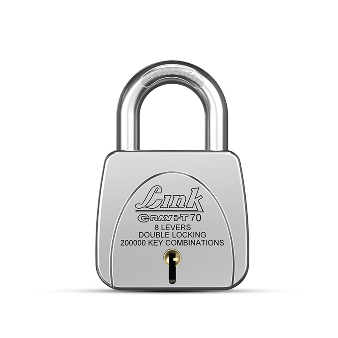 Link Gravi-T 70mm Heavy Duty Padlock | Lock for Home Door, Office, Shop, Travel | Tough CR Body | Hardened Steel Shackle, | Double Locking System | 3 Silver Keys | 2 Lakh Key Combinations