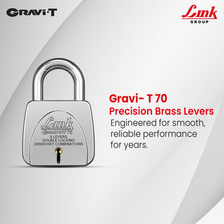 Link Gravi-T 70mm Heavy Duty Padlock | Lock for Home Door, Office, Shop, Travel | Tough CR Body | Hardened Steel Shackle, | Double Locking System | 3 Silver Keys | 2 Lakh Key Combinations