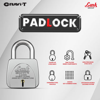 Link Gravi-T 70mm Heavy Duty Padlock | Lock for Home Door, Office, Shop, Travel | Tough CR Body | Hardened Steel Shackle, | Double Locking System | 3 Silver Keys | 2 Lakh Key Combinations