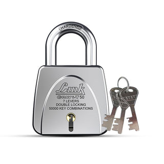 Link Gravi-T 50mm Heavy Duty Padlock | Lock for Home Door, Office, Shop, Travel | Tough CR Body | Hardened Steel Shackle, | Double Locking System | 3 Silver Keys | 50000 Key Combinations