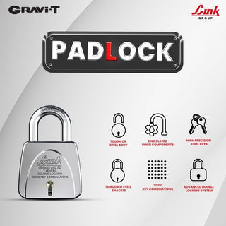 Link Gravi-T 50mm Heavy Duty Padlock | Lock for Home Door, Office, Shop, Travel | Tough CR Body | Hardened Steel Shackle, | Double Locking System | 3 Silver Keys | 50000 Key Combinations