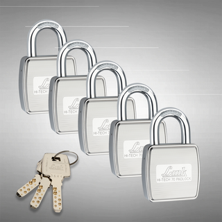 Link HT 70MM Padlocks 5Pcs-Set | Stainless Steel Body | Hardened Shackle | 3 Silver Keys with Hi-Tech Nickle & Keychain | Made in India| 3Keys for Each Padlock