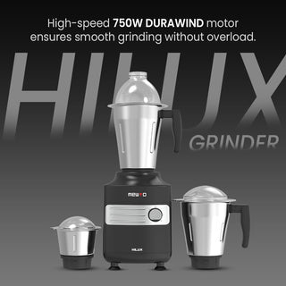 Mewto Hilux 750W Mixer Grinder | Powerful Durawind Motor, 3 Multi-Purpose Jars