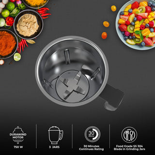Mewto Hilux 750W Mixer Grinder | Powerful Durawind Motor, 3 Multi-Purpose Jars