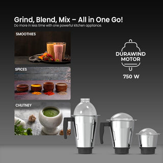 Mewto Hilux 750W Mixer Grinder | Powerful Durawind Motor, 3 Multi-Purpose Jars