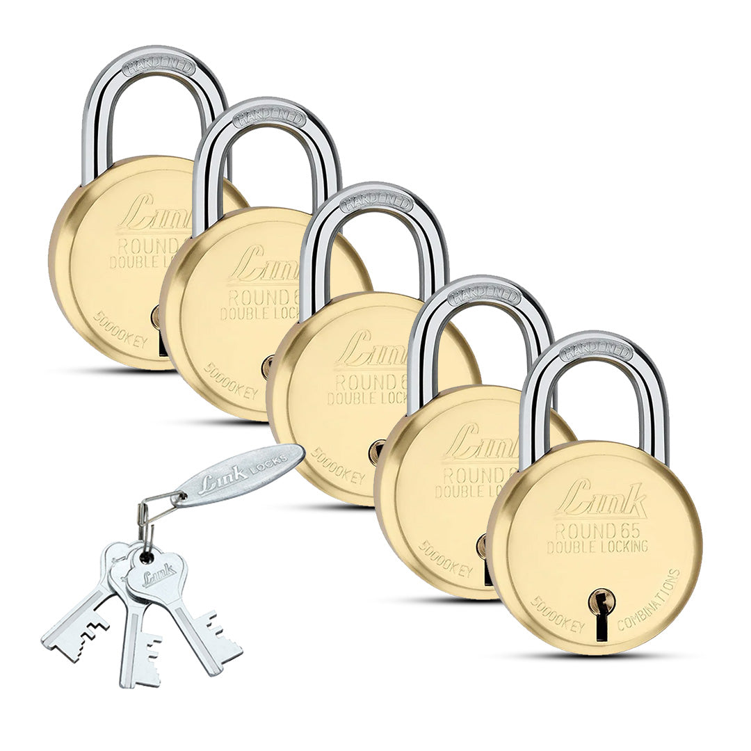 Link New Round Brass 65MM Padlocks 5Pcs Set | 50000 Computerised Key Combinations | Double Locking | Brass Body | Brass Liver | Made in India | 3 Keys for Each Padlock