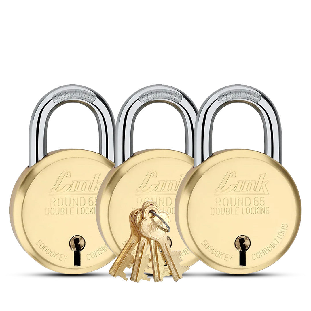 Link 8 Levers 65mm Round Brass Body Padlock | Hardened Shackle | Double Locking | Brass Finish Home Door Lock with 4 Brass Keys| Made in India| (Gold, Pack of 3)