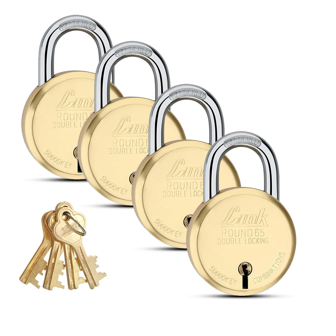 Link 8 Levers 65mm Round Brass Body Padlock| Hardened Shackle|Double Locking | Brass Finish Home Door Lock with 4 Brass Keys| Made in India| (Gold, Pack of 4)