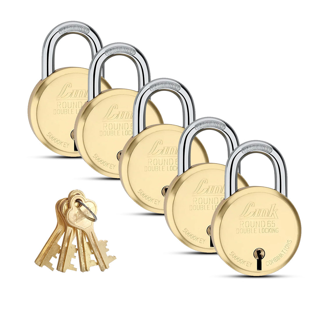 Link 8 Levers 65mm Round Brass Body Padlock| Hardened Shackle|Double Locking | Brass Finish Home Door Lock with 4 Brass Keys| Made in India| (Gold, Pack of 5)