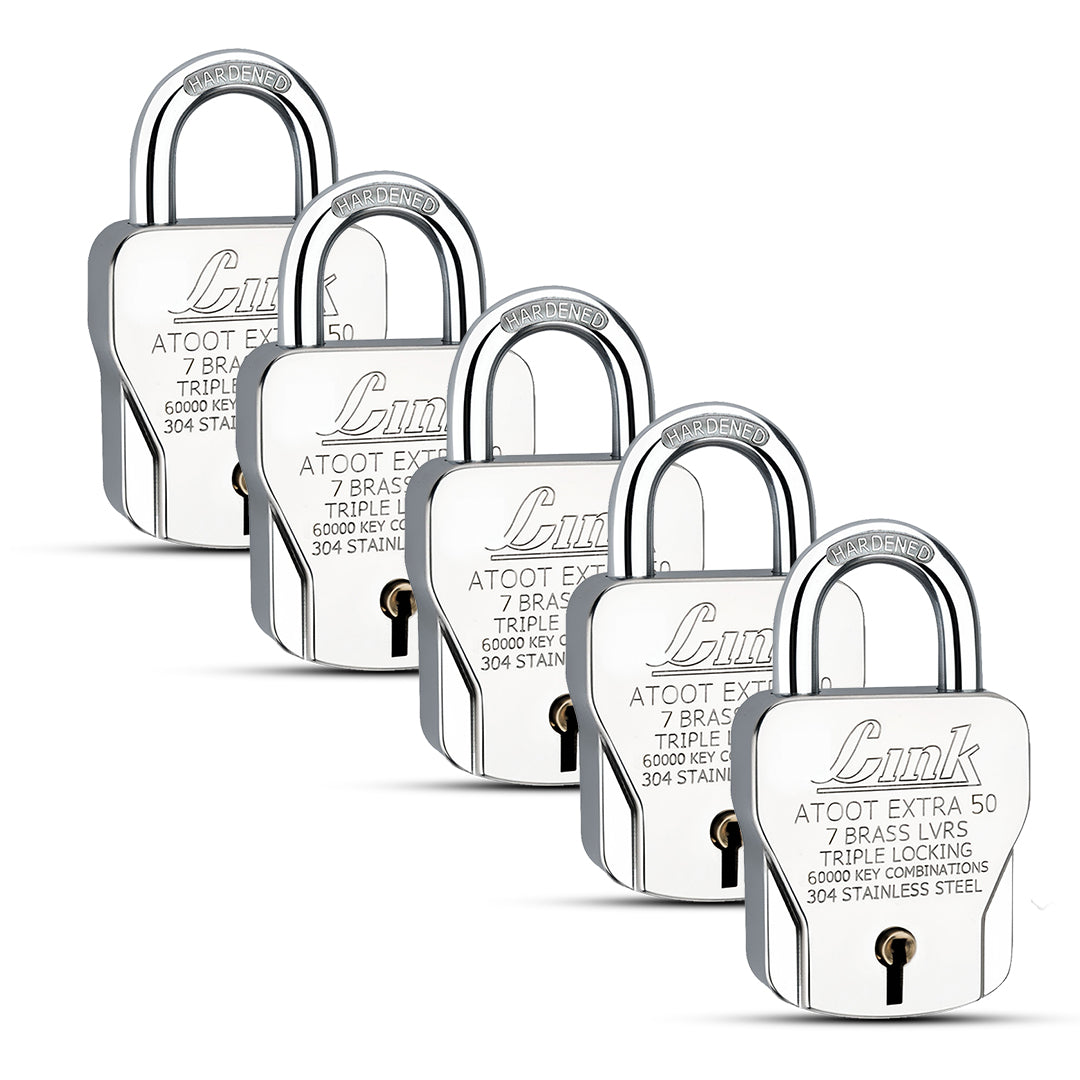 Link Atoot Extra 50MM Padlock 5Pcs Set | 60000 Key Combinations | 304 Stainless Steel Body | Hardened Shackle | Made in India | 3 Silver Keys with Keychain | 3 Keys for Each Lock