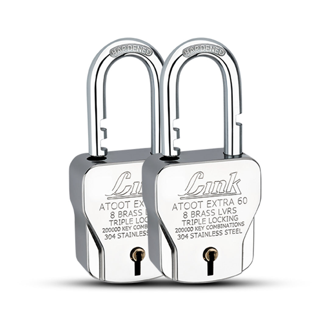 Link Atoot Extra 60MM Triple Locking Mechanism Padlock, Hardened Shackle, Each Padlock with 3 Silver Keys and Free Keychain (Pack of 2)