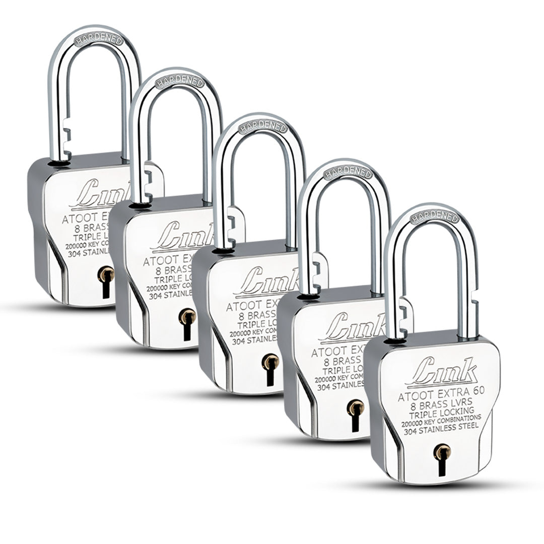 Link Atoot Extra 60MM Padlocks 5Pcs Set | 200000 Key Combinations | 304 Stainless Steel Body | Hardened Shackle | Made in India | 3 Silver Keys with Keychain | 3Keys for Each Padlock