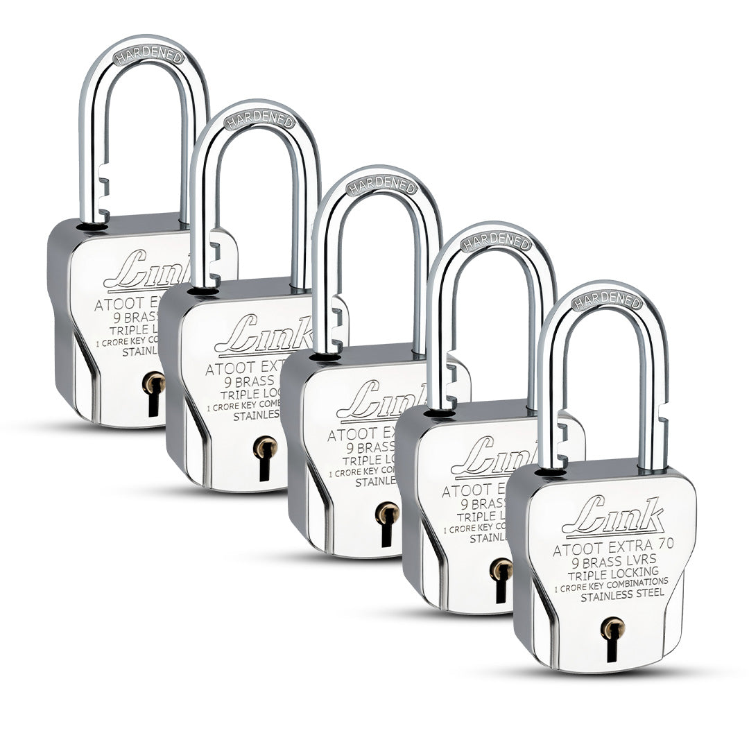 Link Atoot Extra 70MM Padlocks 5Pcs Set | 1 Crore Key Combinations | Stainless Steel Body | Hardened Shackle | 9 Brass Levers | Made in India | 3 Silver Keys with Keychain | 3 Keys for Each Padlock