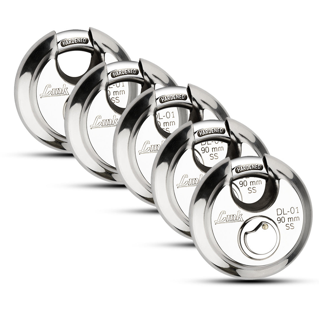 Link Disc Lock 90MM Padlocks 5Pcs-Set | Stainless Steel Body | Hardened Shackle | 3 Silver Keys with Hi-Tech Nickle | Made in India | 3Keys for Each Padlock