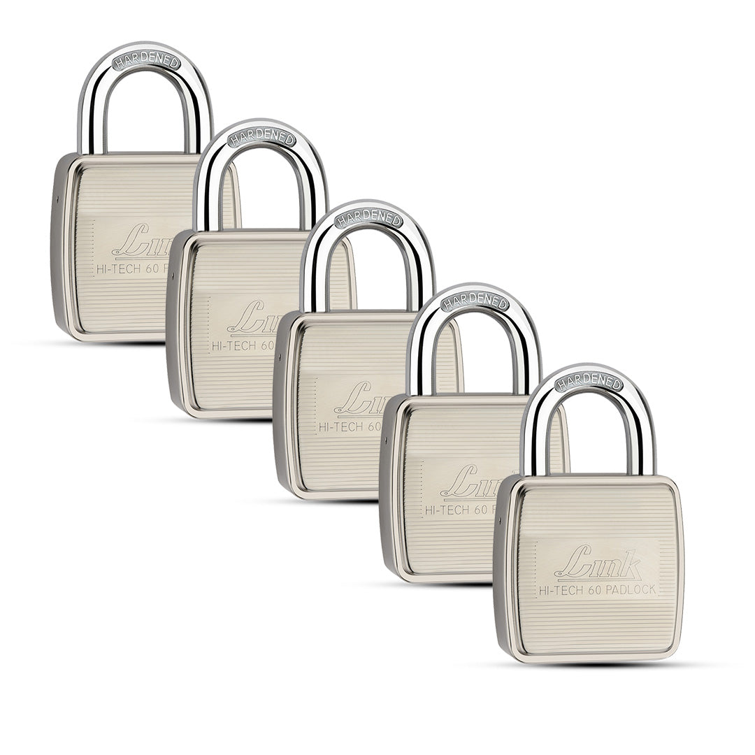 Link HT 60MM Padlocks 5Pcs-Set | Stainless Steel Body | Hardened Shackle | 3 Silver Keys with Hi-Tech Nickle & Keychain | Made in India| 3Keys for Each Padlock