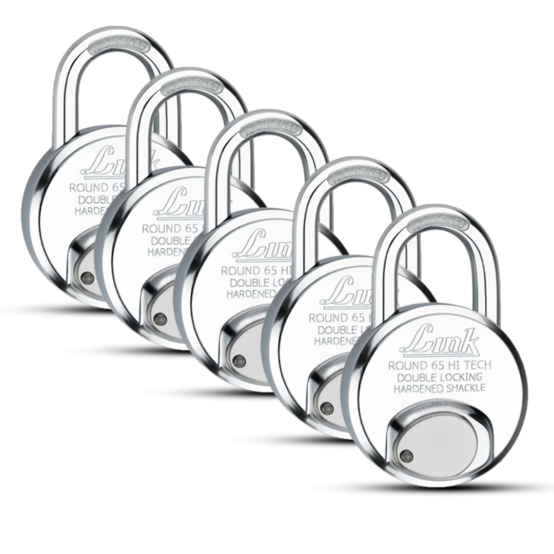 Link HT  Round 65MM Padlocks Set 5Pcs Set | Stainless Steel Body | Hardened Shackle | 3 Iron Keys with Hi-Tech Nickle | Made in India