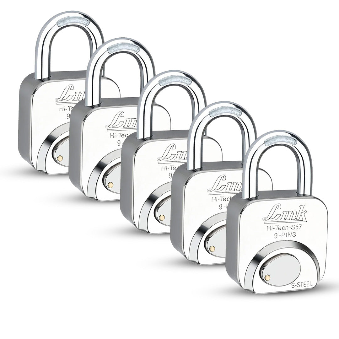 Link S 57MM Padocks 5Pcs-Set | Stainless Steel Body | Hardened Shackle | 3 Silver Keys with Hi-Tech Nickle & Keychain | Made in India | 3Keys for Each Padlock