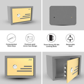 Link Smart Mini Mecano Safe Locker– Home & Office Security Safe with Computerized Wave Keys, 3 SS304 Locking Bolts, Golden Mirror-Finish Door 11 Litres (Grey & Gold)